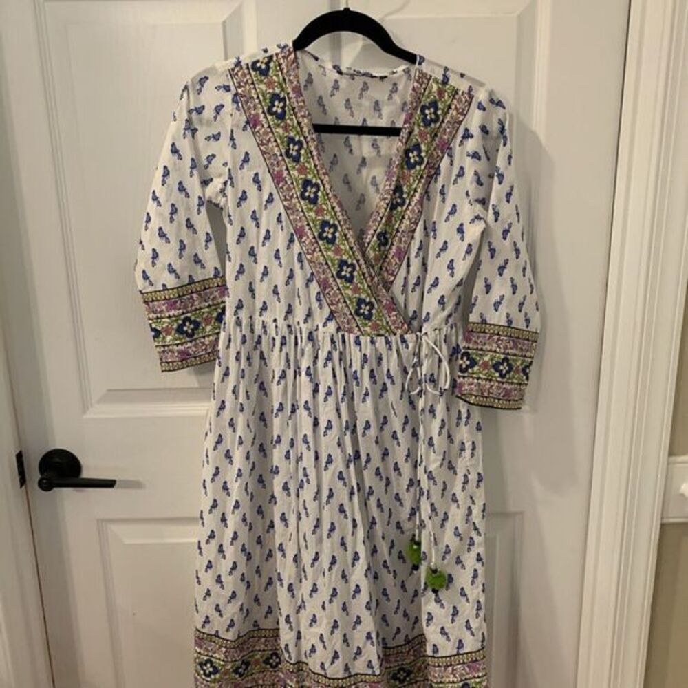 Melange White Birds Boho Chiffon Bilowy Flowy Cottage‎ Core Wrap Dress Sz Small